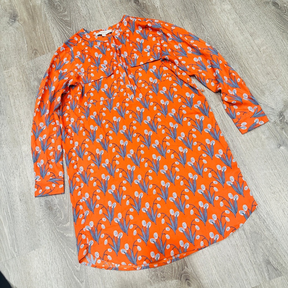 Loft Dress Petites XS Orange Floral Tulip Shirt Dress Long Sleeve Tie Waist XSP - Picture 11 of 16